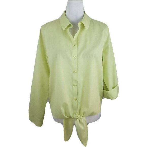 Chico's ~Woman Size 1 (M)~Lemon Yellow No Iron Cotton Tie Front Shirt Blouse Top - Picture 4 of 12